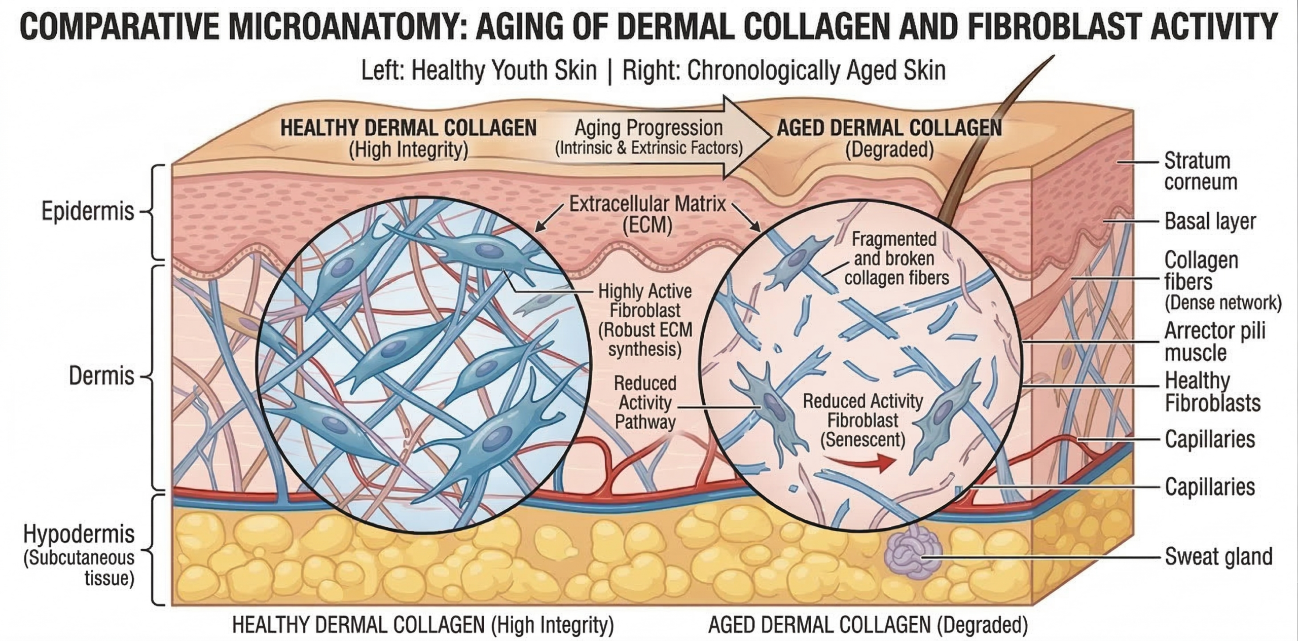 fragmentación del colágeno envejecimiento dermis fibroblastos